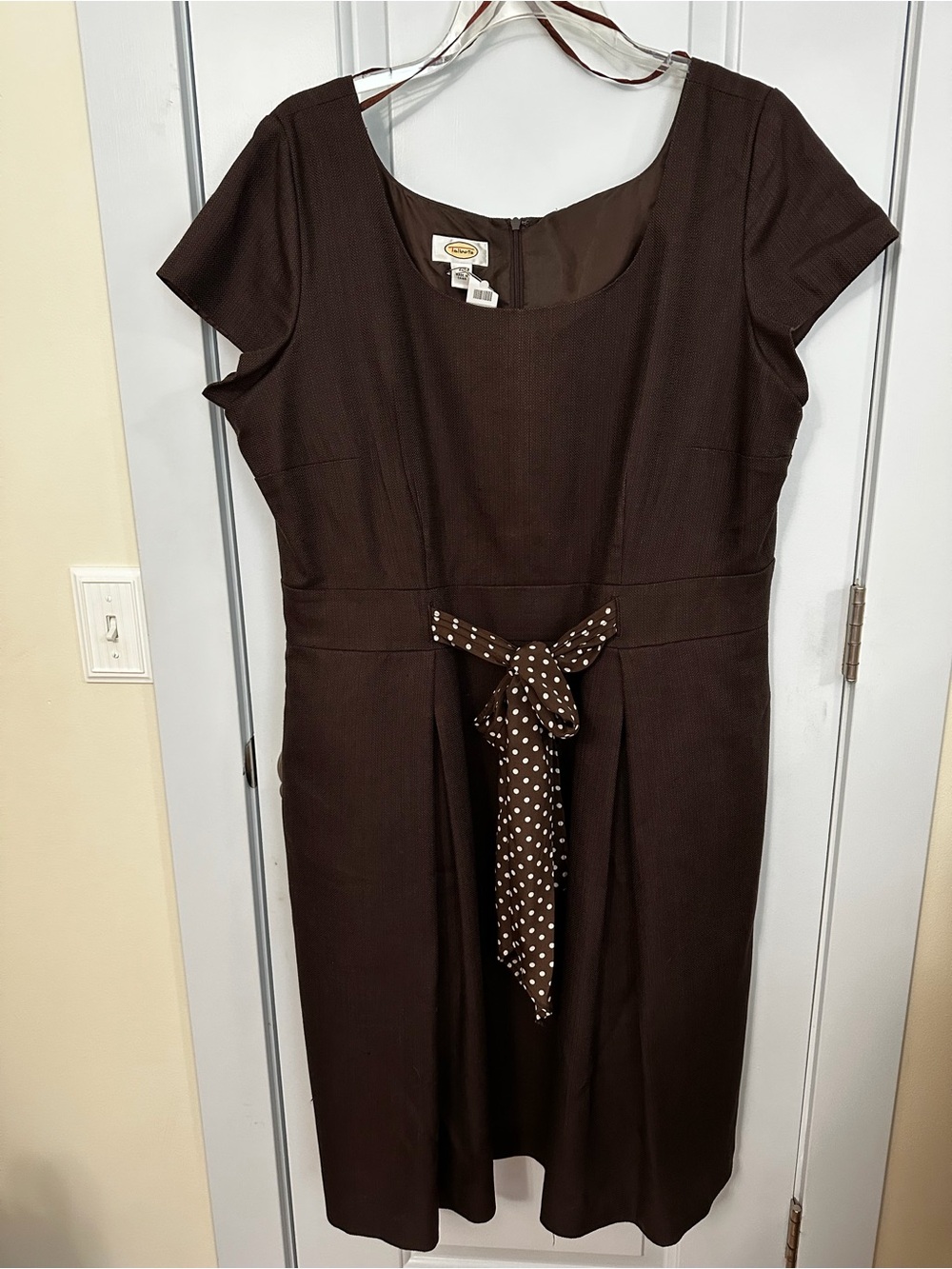 Vintage Talbots Brown Scoop-Neck Midi Dress with Polka Dot Tie